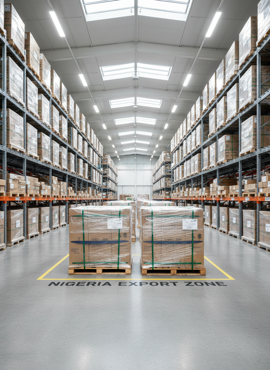 A spacious, modern air cargo warehouse interior with polished concrete floors and tall, industrial steel shelving lined with uniformly wrapped pallets. In the center, a clearly marked Nigeria-origin export zone features pallets wrapped in translucent film, showing neatly arranged boxes secured with green and navy strapping. Overhead skylights and bright, cool-white LED fixtures bathe the space in even, diffused light, minimizing harsh shadows. Shot at eye level with a deep depth of field, every aisle and rack appears in crisp detail. The photographic realism and symmetrical composition convey order, speed, and reliability in handling time-sensitive air freight under strict international compliance.