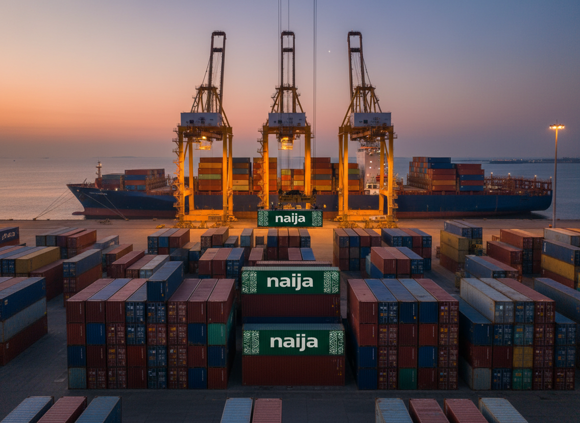 A busy seaport container yard at dusk with towering stacks of multicolored shipping containers, a few prominently bearing a refined “Naija”-inspired branding in green and white. A massive container ship sits docked in the background, its hull illuminated by warm sodium-vapor port lights that reflect off the calm water surface. Overhead gantry cranes with steel cables hang poised above an open container being loaded. Captured in photographic realism from a slightly elevated vantage point with a wide-angle lens, the composition balances containers in the foreground and the vessel in the distance, creating a powerful, professional mood that communicates large-scale, compliant sea freight from Nigeria to global hubs.