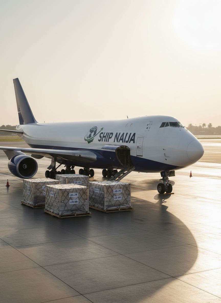 A large, modern cargo aircraft painted in clean white and deep navy blue, its fuselage emblazoned with a bold “Ship Naija” style Nigeria-to-World emblem, parked on a pristine airport tarmac. Neatly stacked cargo pallets shrink-wrapped in neutral colors sit beside reinforced air freight containers, all labeled with clear destination codes. Late afternoon golden sunlight streams across the scene, casting long, crisp shadows and highlighting metallic textures on the aircraft’s body. Shot from a slightly elevated, wide-angle perspective in photographic realism, the composition emphasizes the aircraft’s nose and open cargo bay, evoking speed, reliability, and a fully tracked, professional Nigeria-to-global logistics operation.