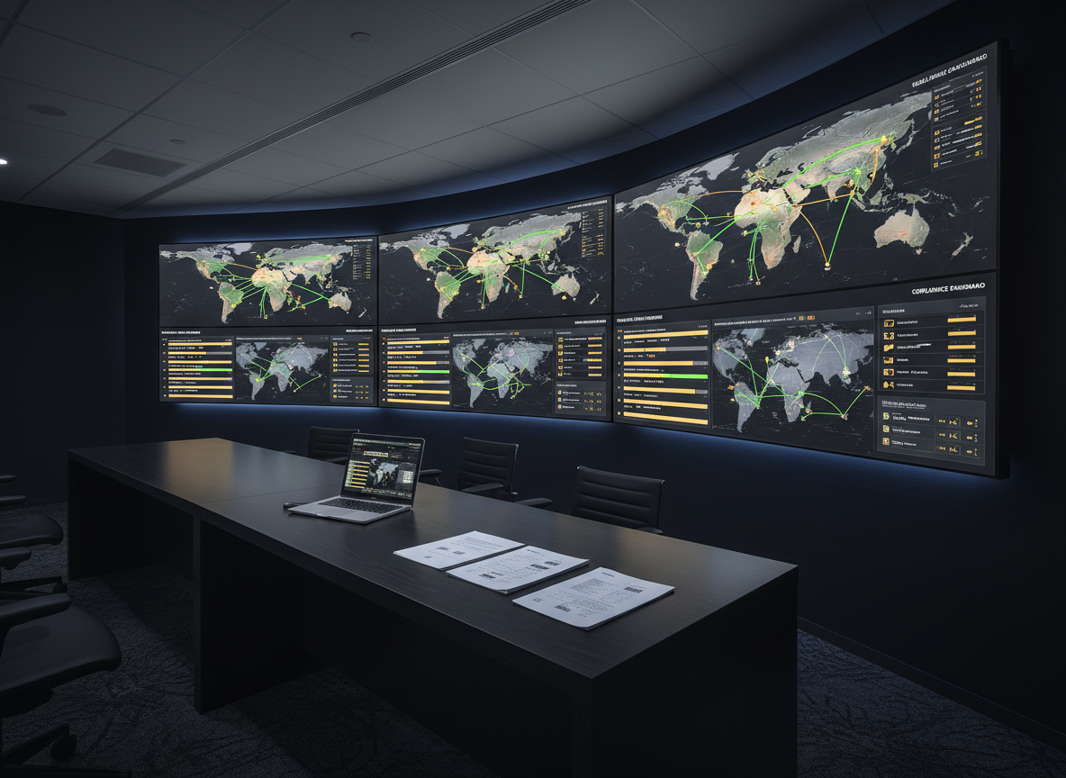 A high-tech logistics operations room featuring multiple ultra-wide digital dashboards mounted on a dark matte wall, each screen displaying realistic shipment tracking maps from Nigeria to destinations worldwide, status timelines, and cargo icons in green and amber tones. A sleek, dark wood control desk holds a slim laptop and a few neatly arranged cargo documents. Cool, diffused LED lighting creates subtle reflections on the screen edges, while the rest of the room remains softly lit. Captured at eye level with sharp focus and a clean, modern aesthetic, the atmosphere feels professional and data-driven, emphasizing real-time tracking, compliance, and precise coordination for air and sea freight.