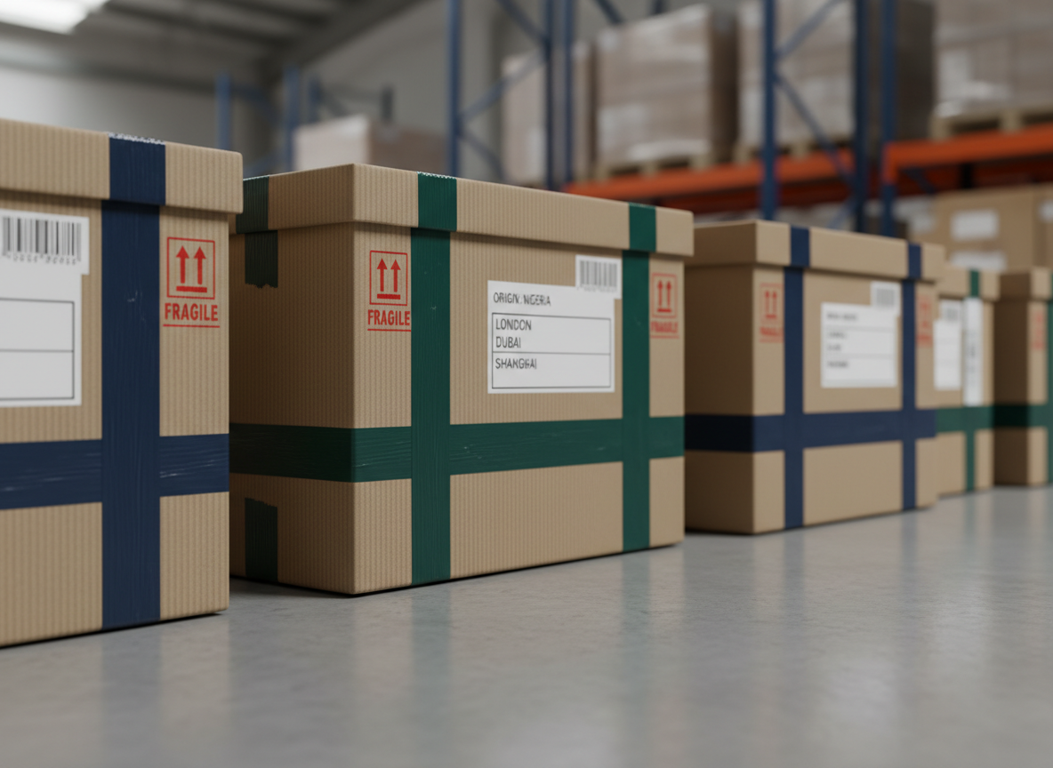 A detailed close-up of sturdy, standardized shipping cartons and padded cargo boxes arranged on a clean warehouse floor, each box clearly labeled with barcodes, “Fragile” icons, and destination tags referencing Nigerian origins and international cities. The boxes show varied textures from smooth corrugated cardboard to glossy, tamper-evident tape in dark green and navy hues. Soft overhead warehouse lighting creates gentle highlights on the tape and subtle shadows between the boxes. Photographed at a low, slightly angled perspective with shallow depth of field, the front labels appear in razor-sharp detail while the background fades into a calm blur, conveying secure packaging, professionalism, and meticulous export preparation.